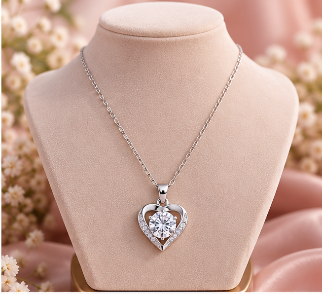 Soulia Heart Moissanite Necklace on jewelry display