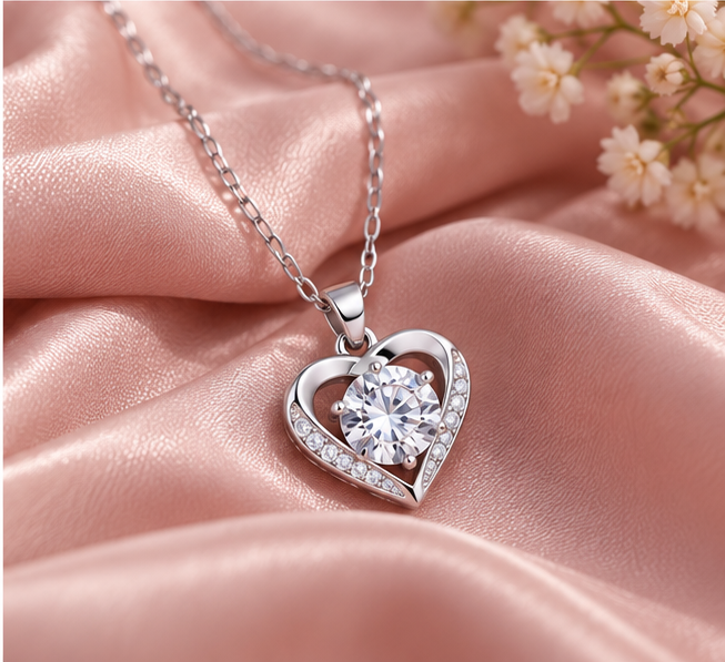 Soulia Heart Moissanite Necklace styled on pink satin