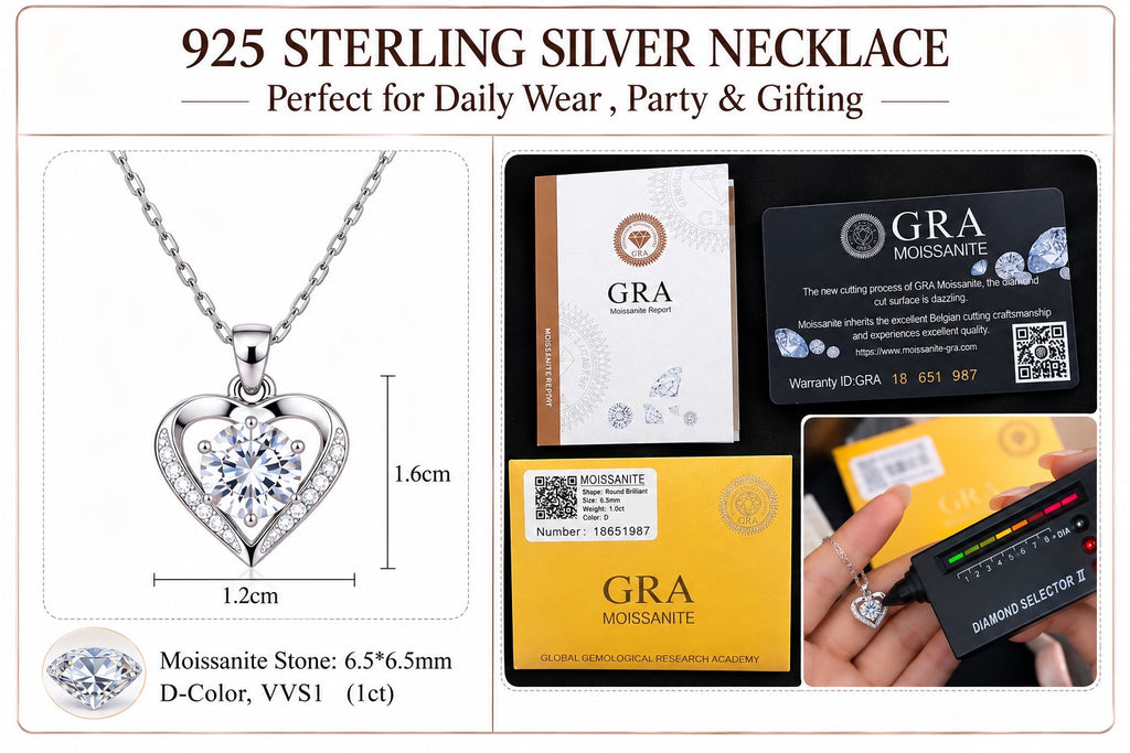 Heart Moissanite Necklace 925 sterling silver dimensions and moissanite specifications