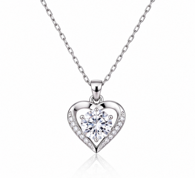 Soulia Heart Moissanite Necklace in 925 sterling silver on white background