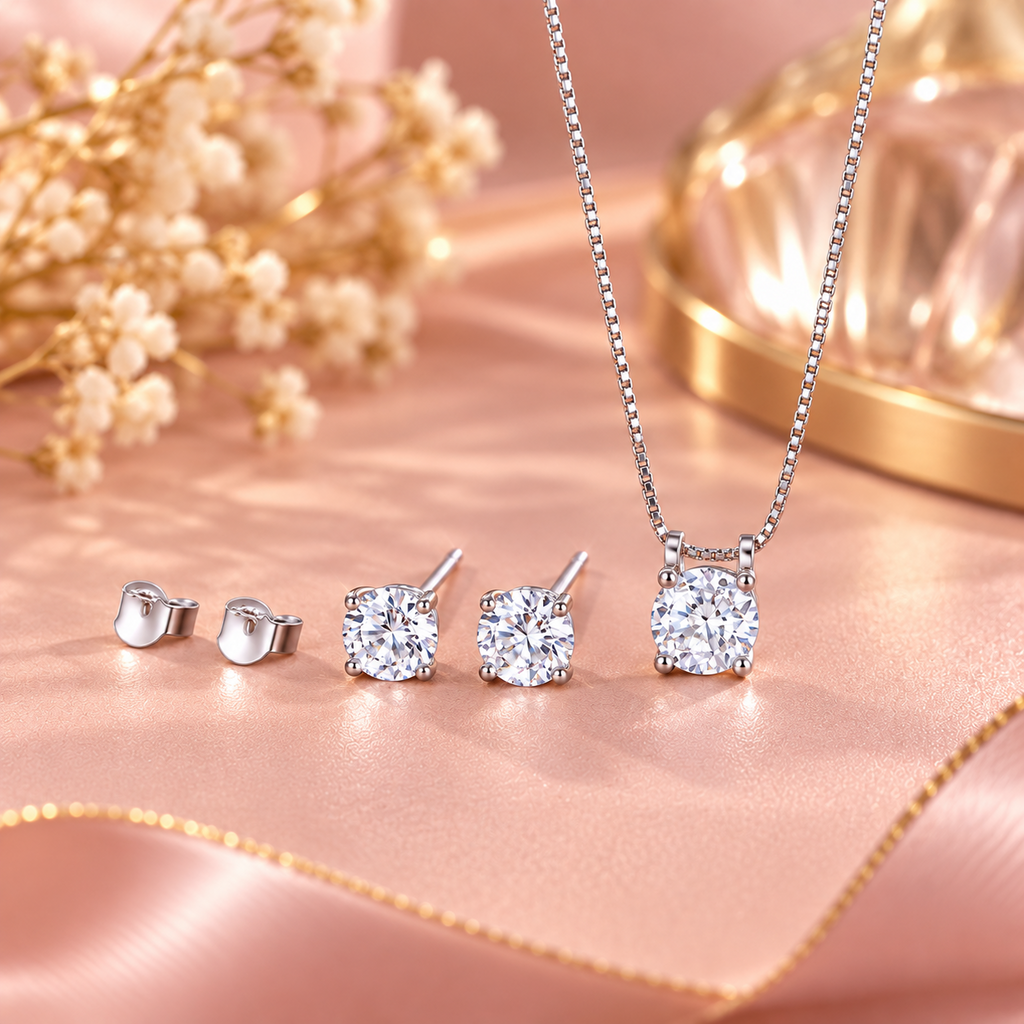 Soulia sterling silver round zircon necklace and earrings detail